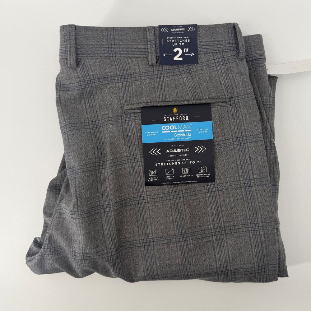 Stafford Mens Classic Fit Dress Pants Gray Plaid Coolmax EcoMade Size 40x29 new
